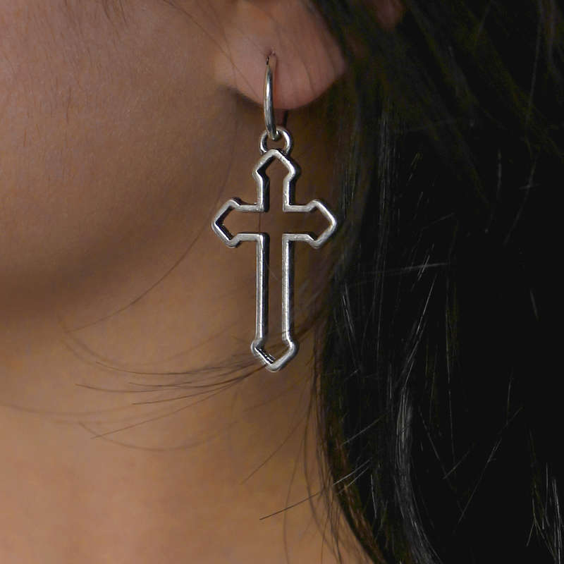 Cross Metal Detail Geometric Pattern Silver Earrings