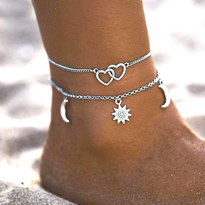 Heart Metal Detail Silver Anklet Set