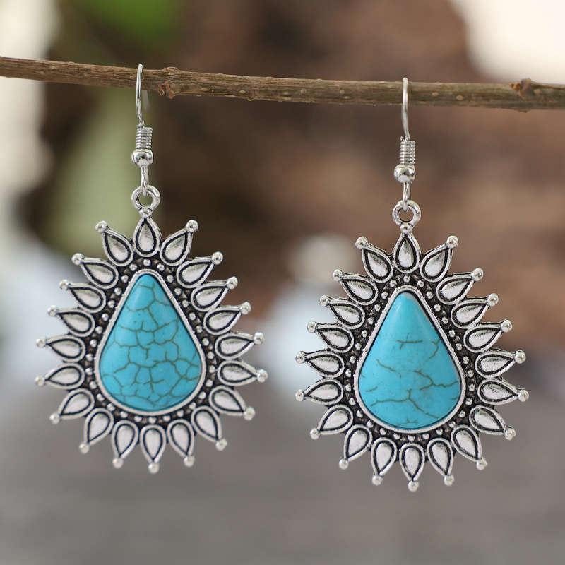 Asymmetry Teardrop Turquoise Metal Design Earrings