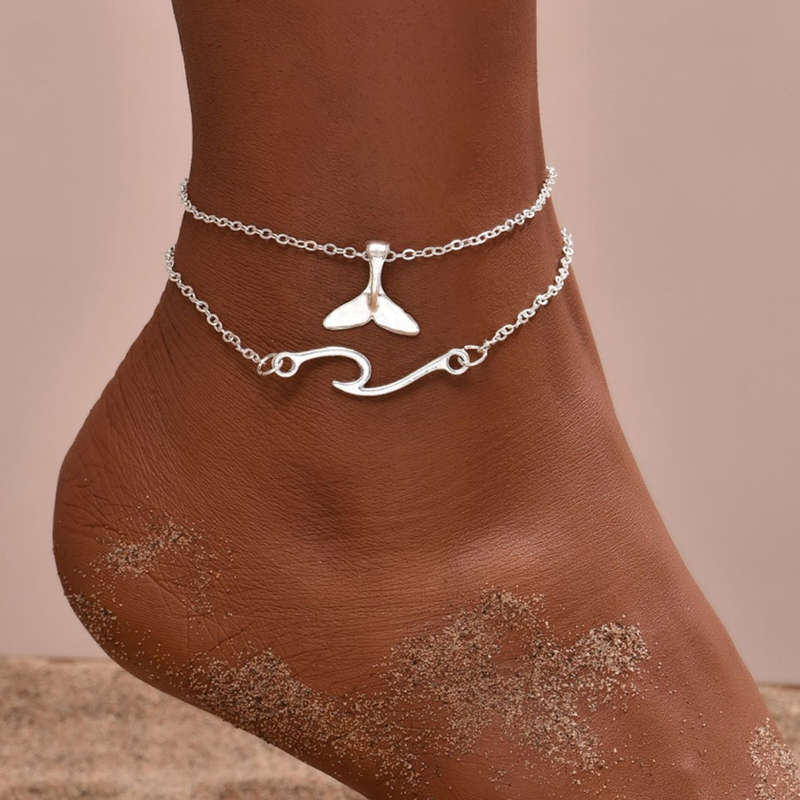 Layered Design Whale Tail Silver Anklet Set