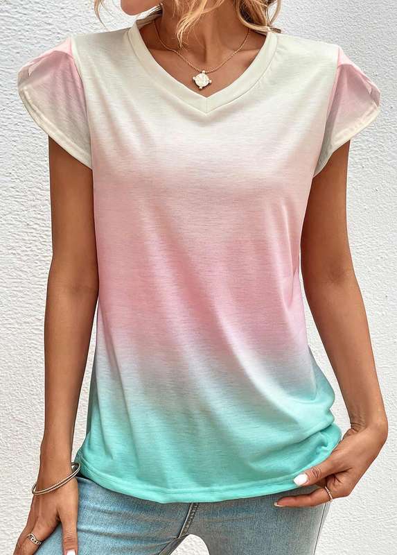 Ombre Light Pink V Neck T Shirt