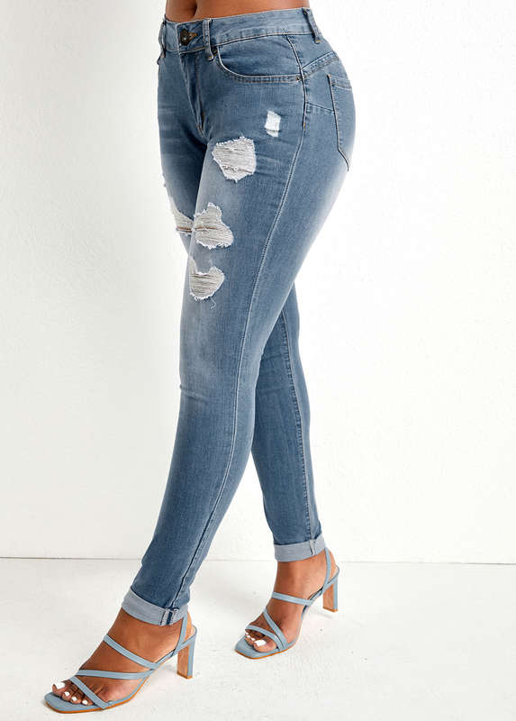 Hole Denim Blue Skinny Zipper Fly Jeans