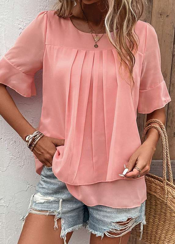 Layered Pink Round Neck Short Sleeve Blouse