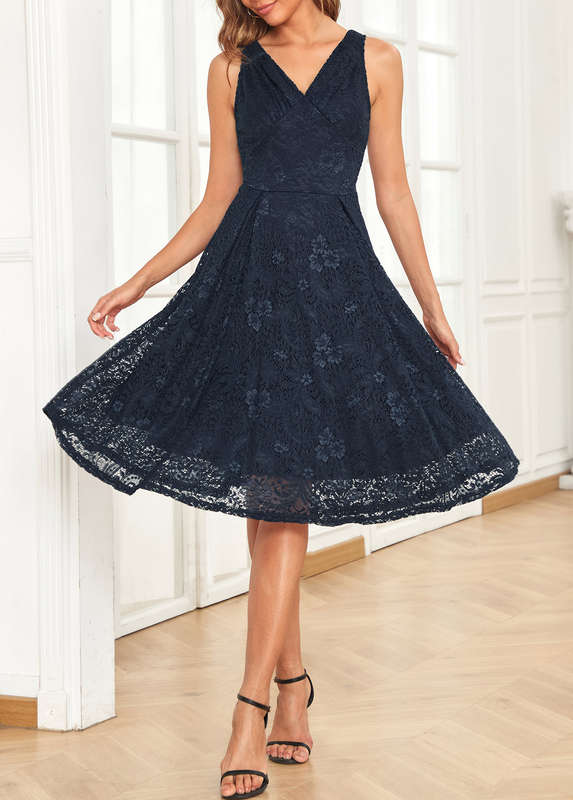 V Neck Lace Navy Sleeveless Dress