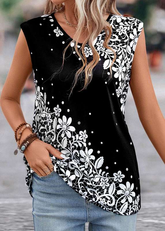 Lightweight Floral Print Black V Neck T Shirt