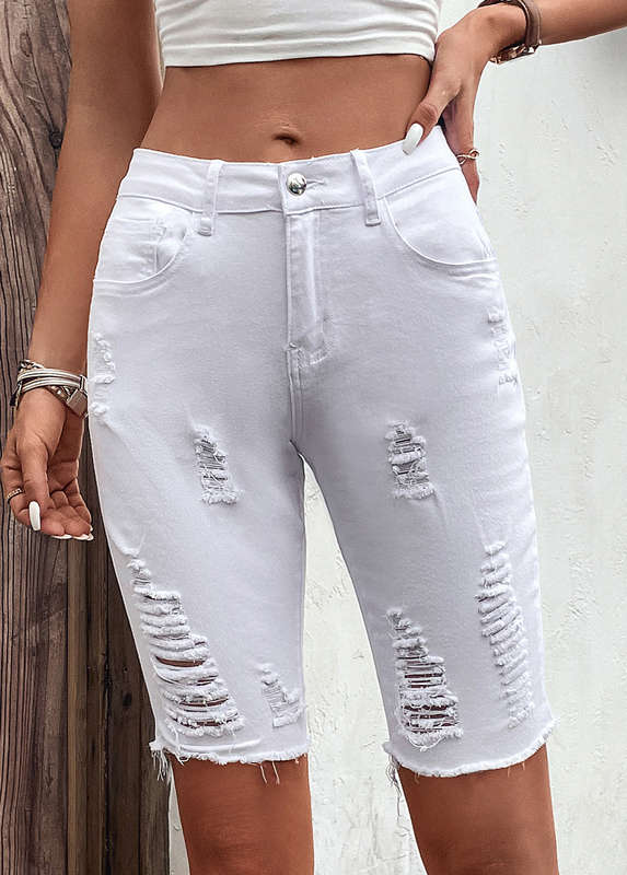 Pocket White Skinny Button Fly Mid Waisted Denim Shorts