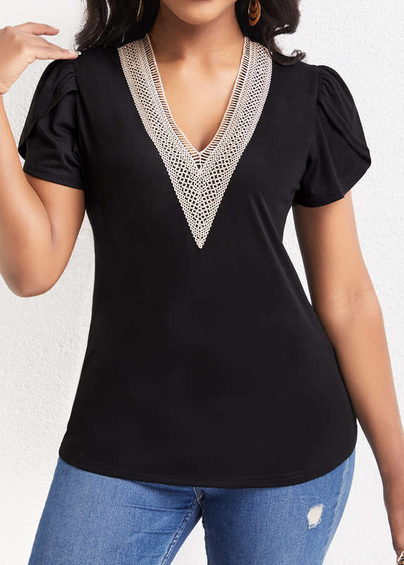 Patchwork Black V Neck Short Sleeve T Shirt