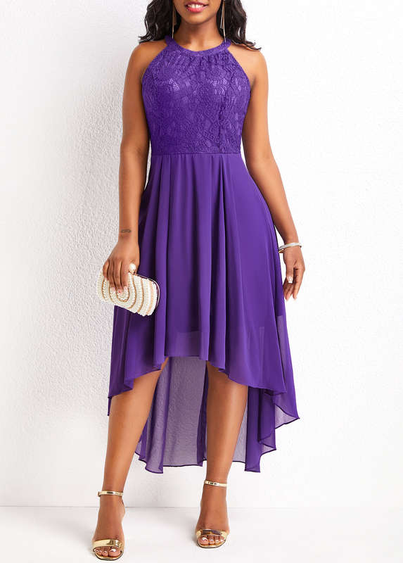 Lace Purple High Low Round Neck Sleeveless Dress