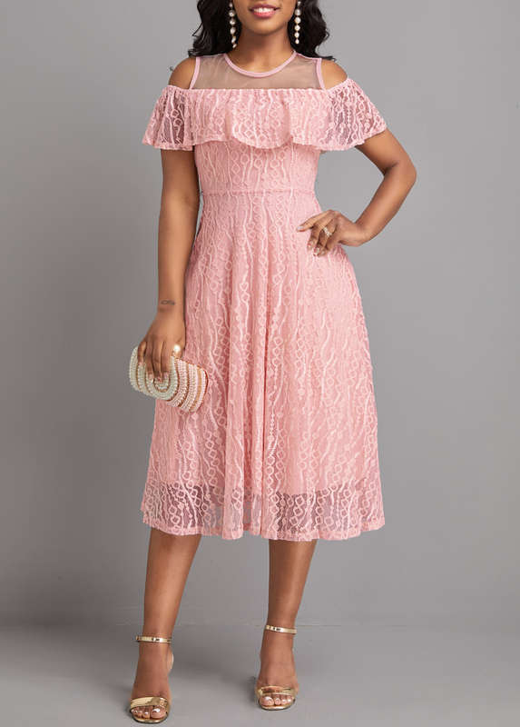 Cut Out Pink Round Neck Short Sleeve Dress
