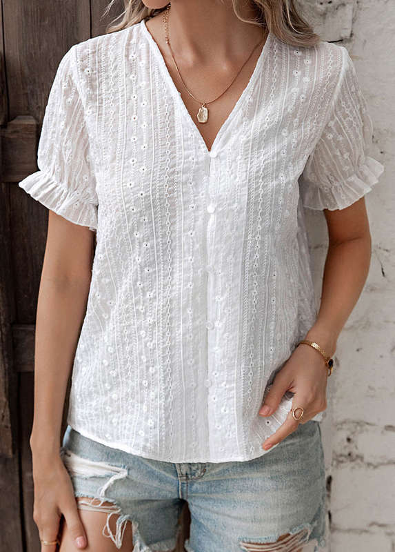 Button White V Neck Short Sleeve Blouse