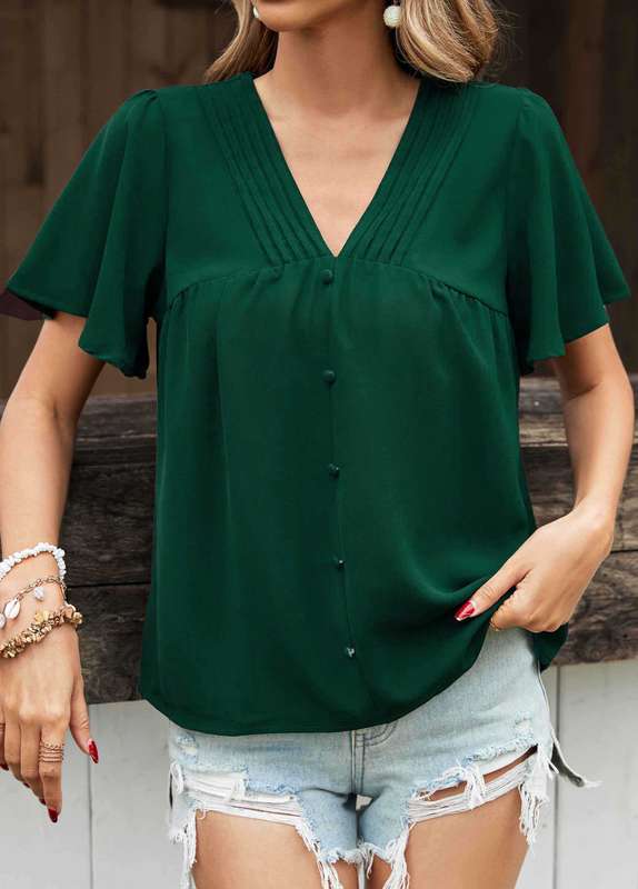 Button Detail Turquoise V Neck Blouse