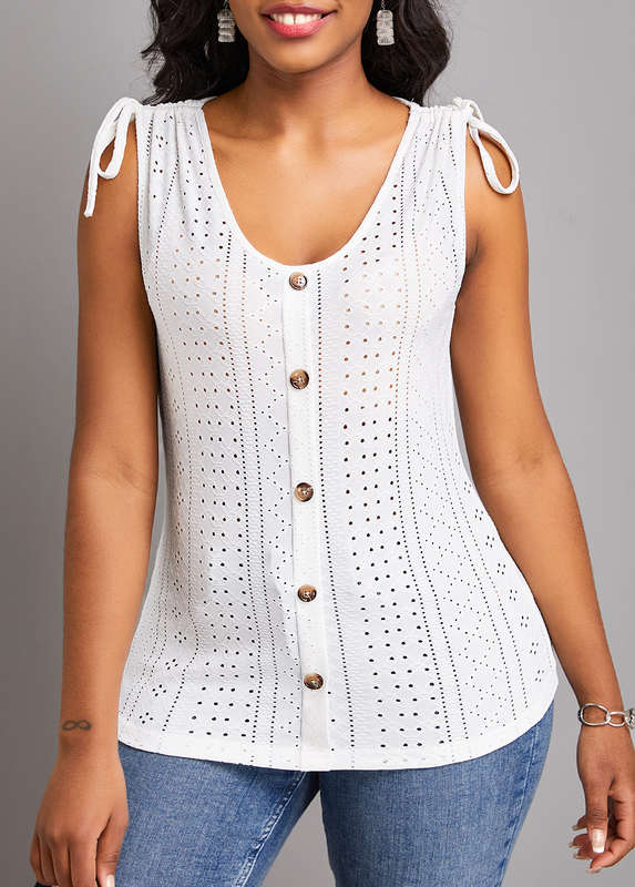 Drawstring White Scoop Neck Tank Top