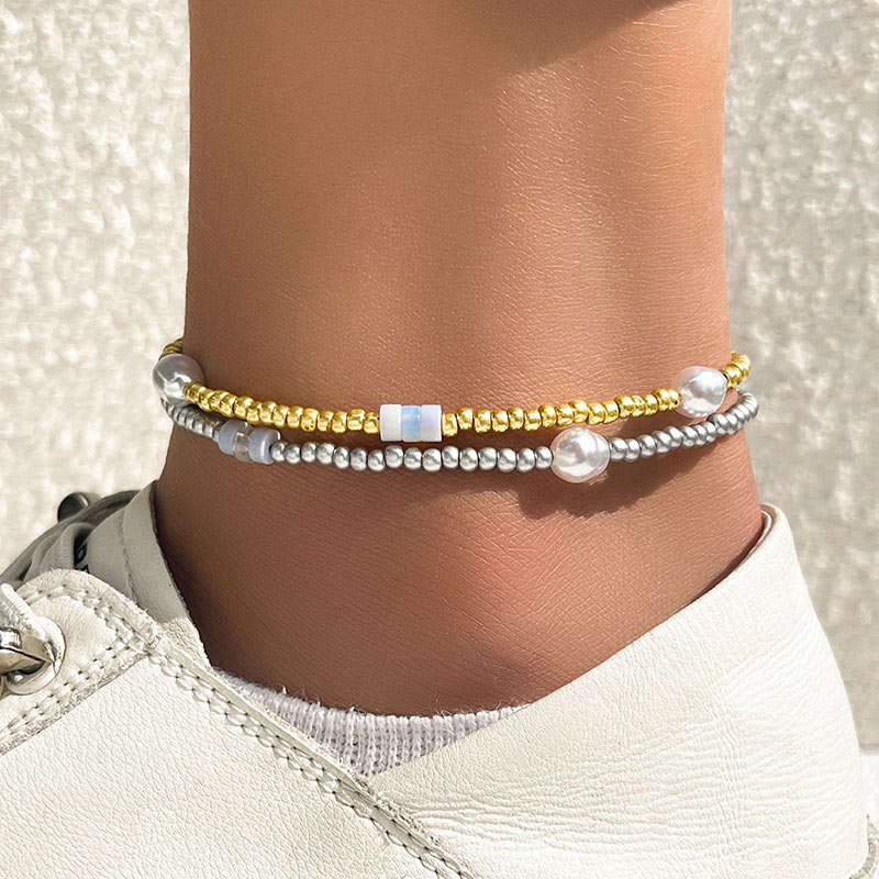 Round Pearl Beads Detail Multi Color Anklet Set