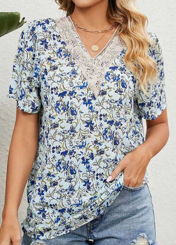 Patchwork Floral Print Light Blue V Neck Blouse