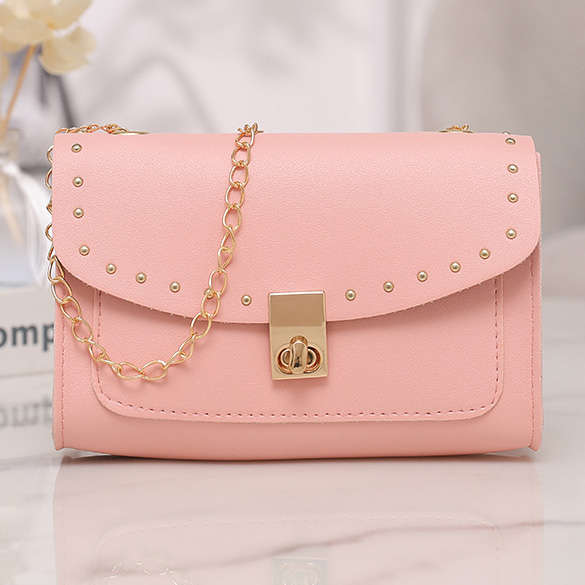 Pink Chains Rivet Turnlock Shoulder Bag