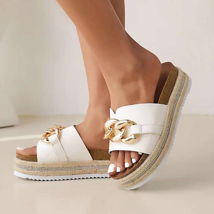 White Low Heel Open Toe Sliders