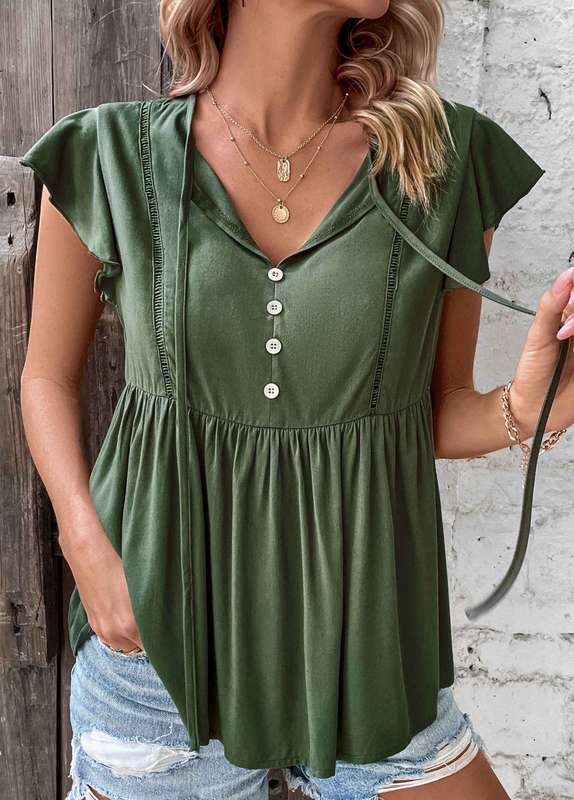 Ruched Blackish Green V Neck T Shirt