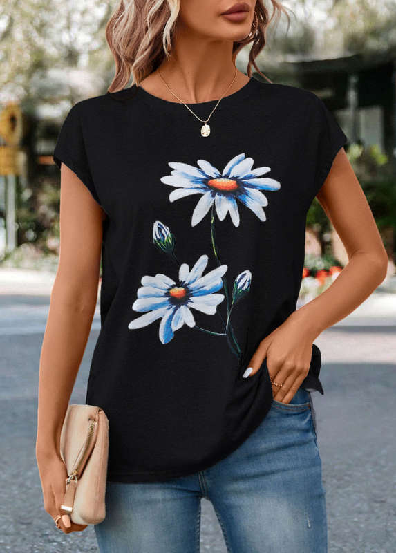 Floral Print Black Round Neck T Shirt