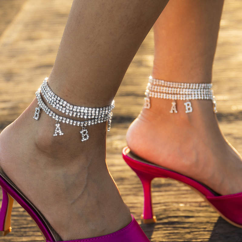Layered Letter Rhinestone Silvery White Anklet