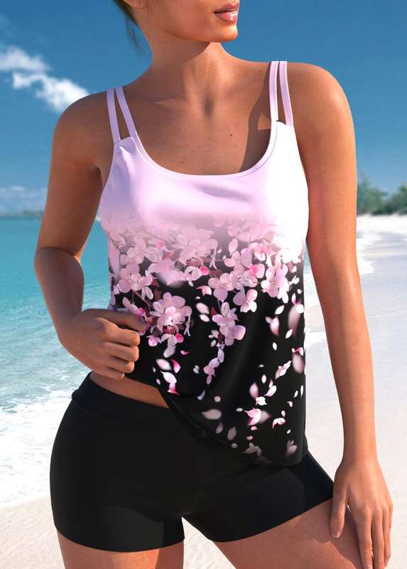 Pink Double Straps Floral Print Tankini Set