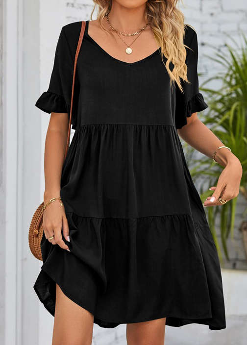 Ruched Black A Line V Neck Dress