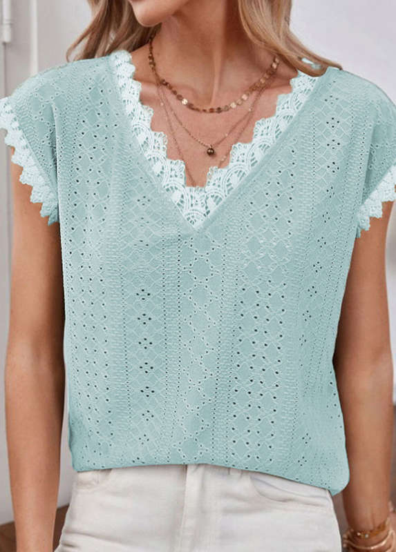 Patchwork Light Blue V Neck T Shirt
