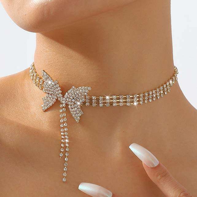 Rhinestone Layered Butterfly Detail Gold Necklace