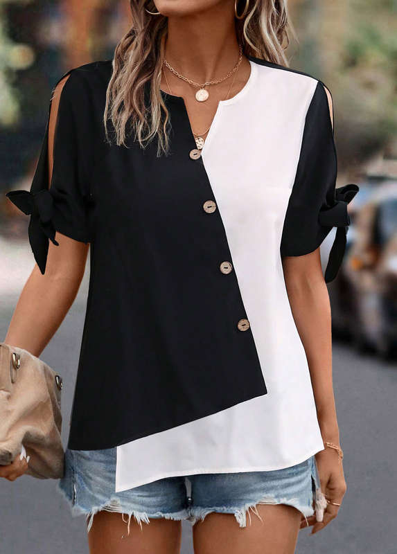 Patchwork Contrast Color Split Neck Short Sleeve Blouse