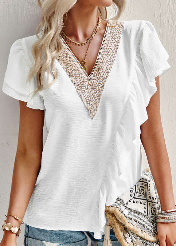 Asymmetry White V Neck Short Sleeve Blouse