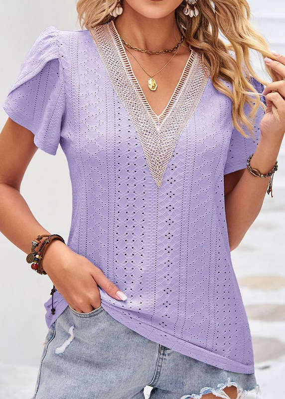 Patchwork Light Purple V Neck T Shirt