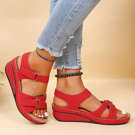 Red Mid Heel Peep Toe Velcro Sandals