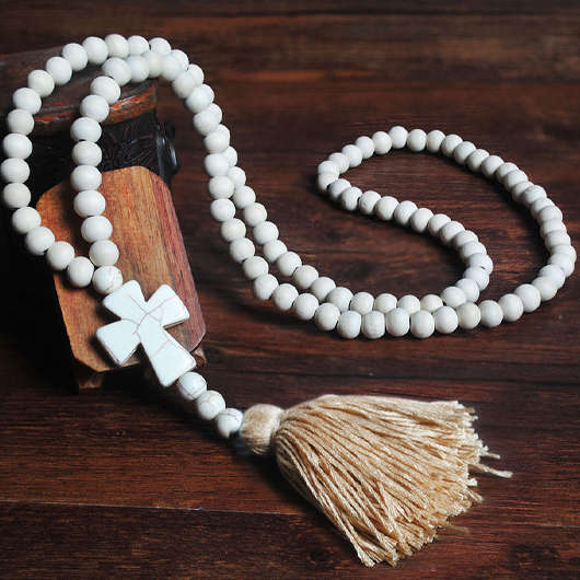 Wood Tassel Cross Light Coffee Necklace