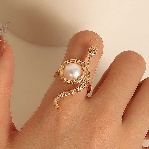 Gold Metal Pearl Snake Design Ring