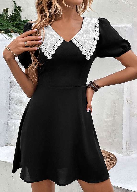 Lace Black Short A Line V Neck Dress