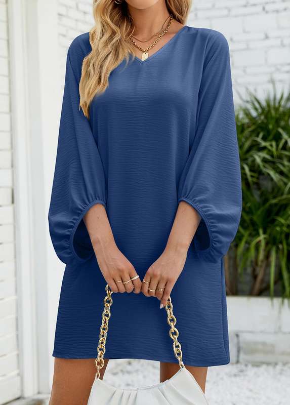 Lightweight Navy Short H Shape V Neck Dress