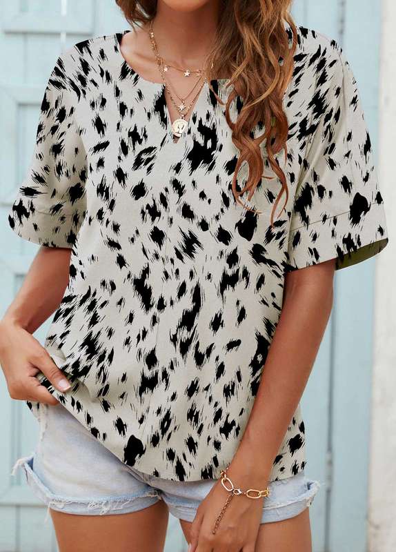 Lightweight Graffiti Print Grey Split Neck Blouse