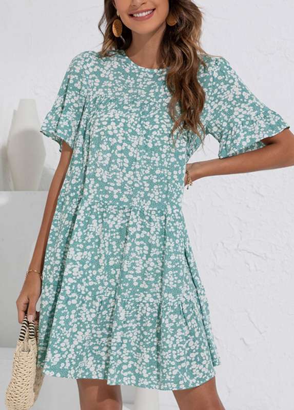 Ruched Ditsy Floral Print Mint Green Dress