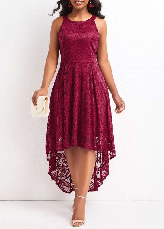 Lace Wine Red High Low Round Neck Dress