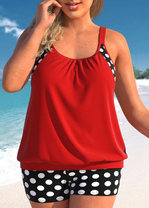 Plus Size Fake 2in1 Polka Dot Tankini Set