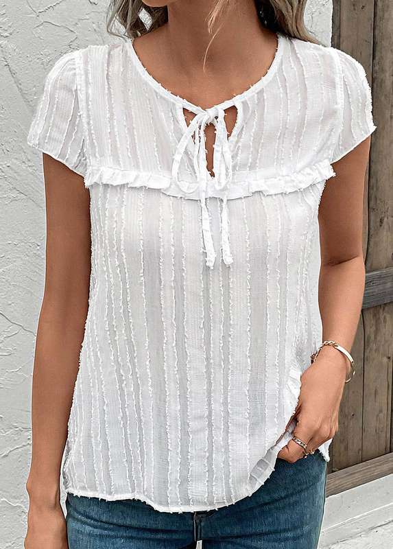 Tie White Round Neck Short Sleeve Blouse