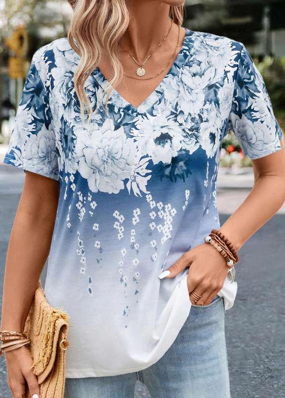Floral Print Blue V Neck T Shirt