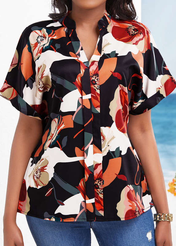Split Floral Print Multi Color V Neck Blouse