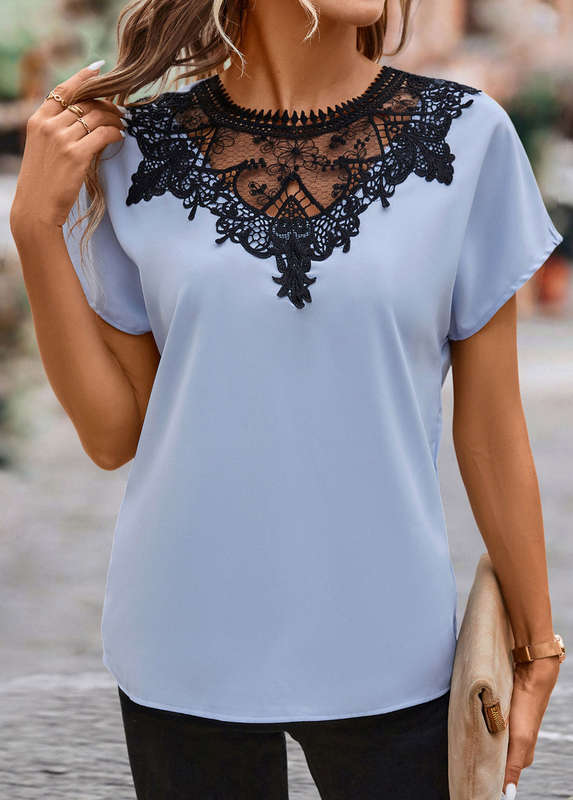 Patchwork Dusty Blue Round Neck T Shirt