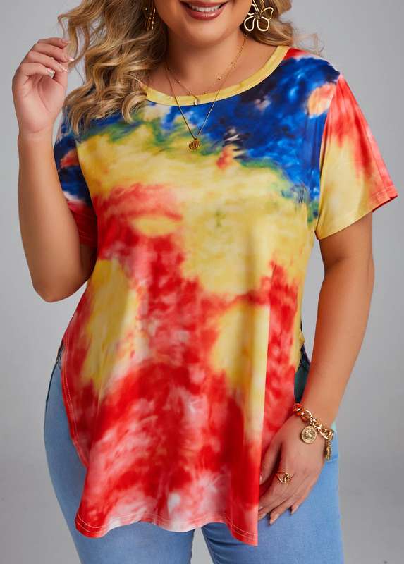 Plus Size Split Multi Color T Shirt