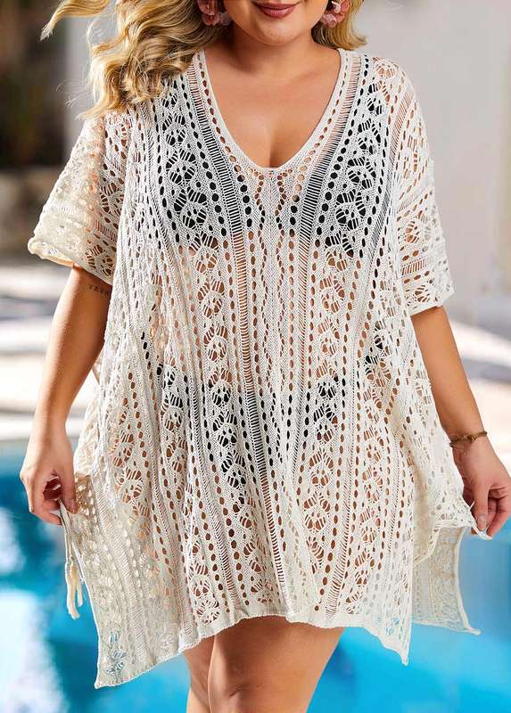 V Neck Plus Size Tassel Beige Cover Up