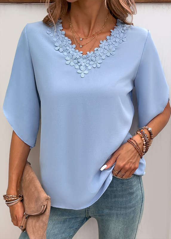 Patchwork Dusty Blue V Neck Half Sleeve Blouse