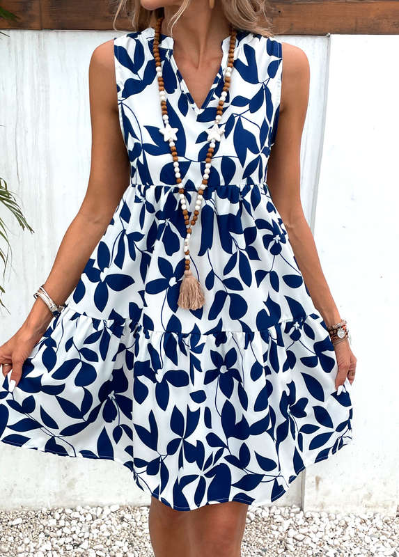 Ruched Leaf Print Navy A Line Dress