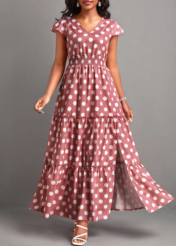 Split Polka Dot Pink V Neck Maxi Dress