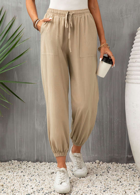 Pocket Light Camel Drawastring High Waisted Jogger Pants