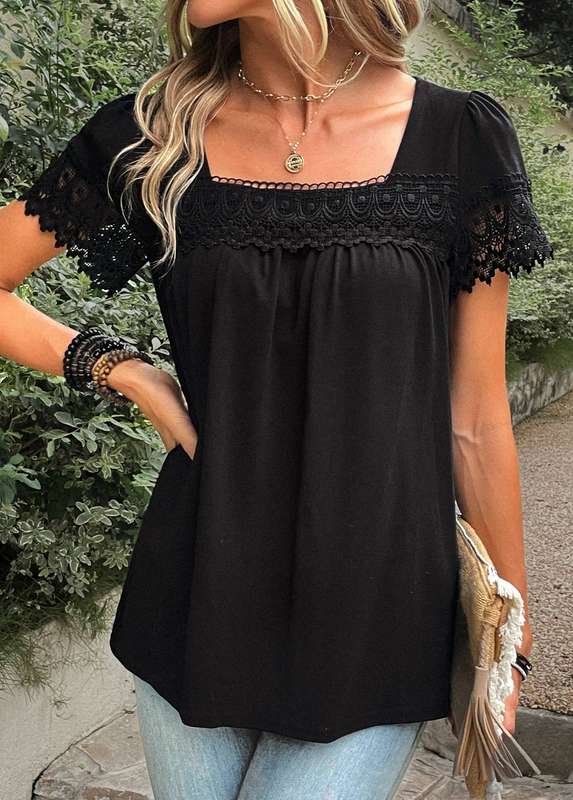 Lace Black Square Neck Short Sleeve T Shirt